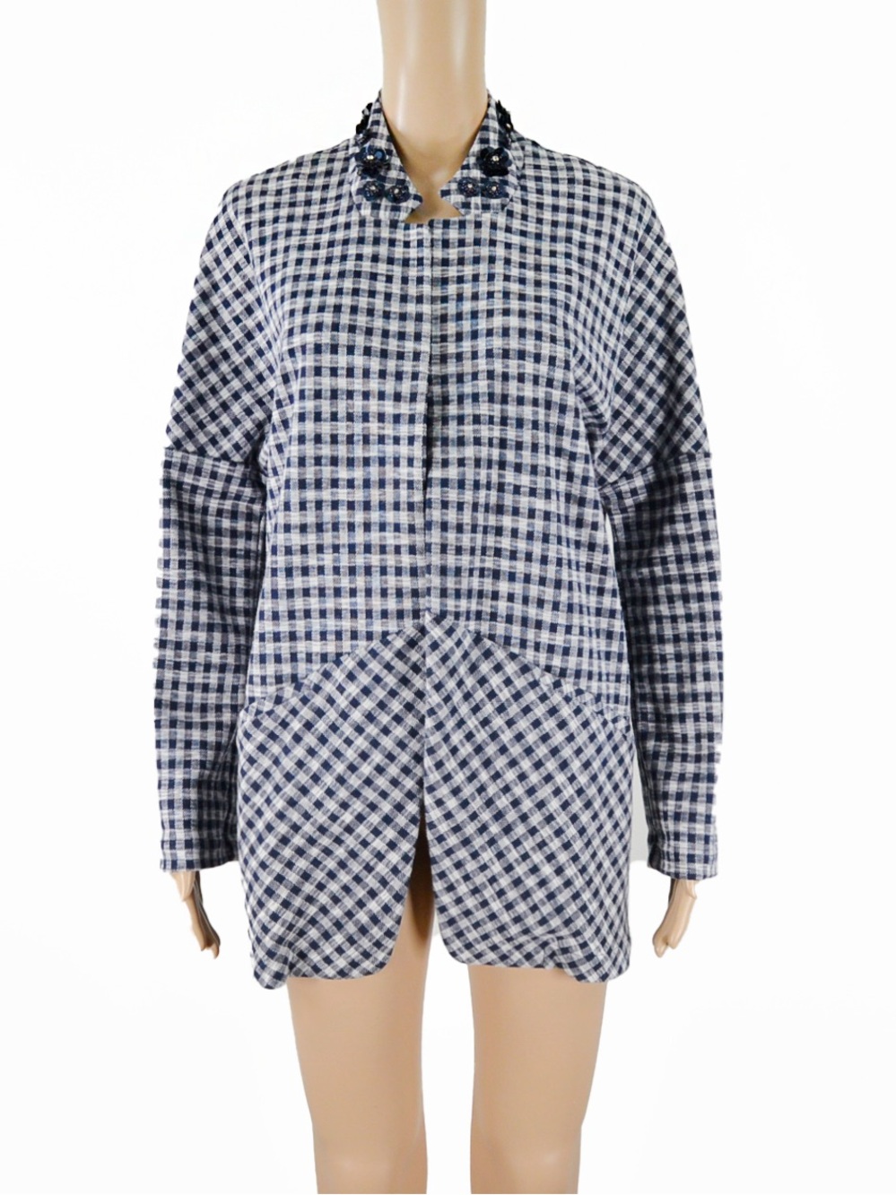 Save The Queen Navy Blue White Micro Gingham Floral Appliqué Blazer Jacket